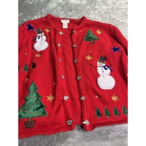 VTG 90s Crystal Kobe Christmas Holiday Skiing Snowmen Knit Cardigan Sweater Med